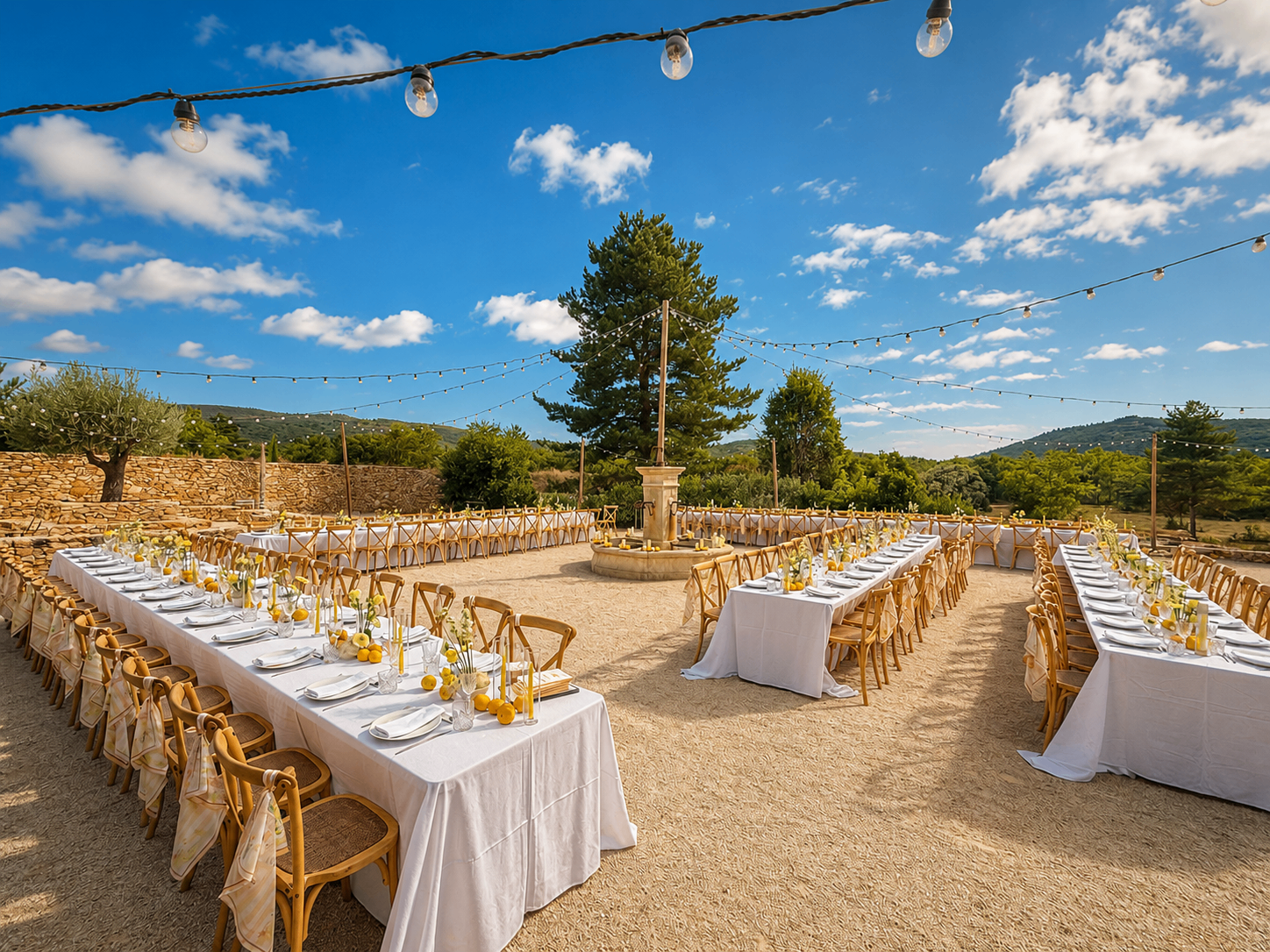Tables de mariage dressées autour de la fontaine en pierre à La Grange de Javon, à Lioux
