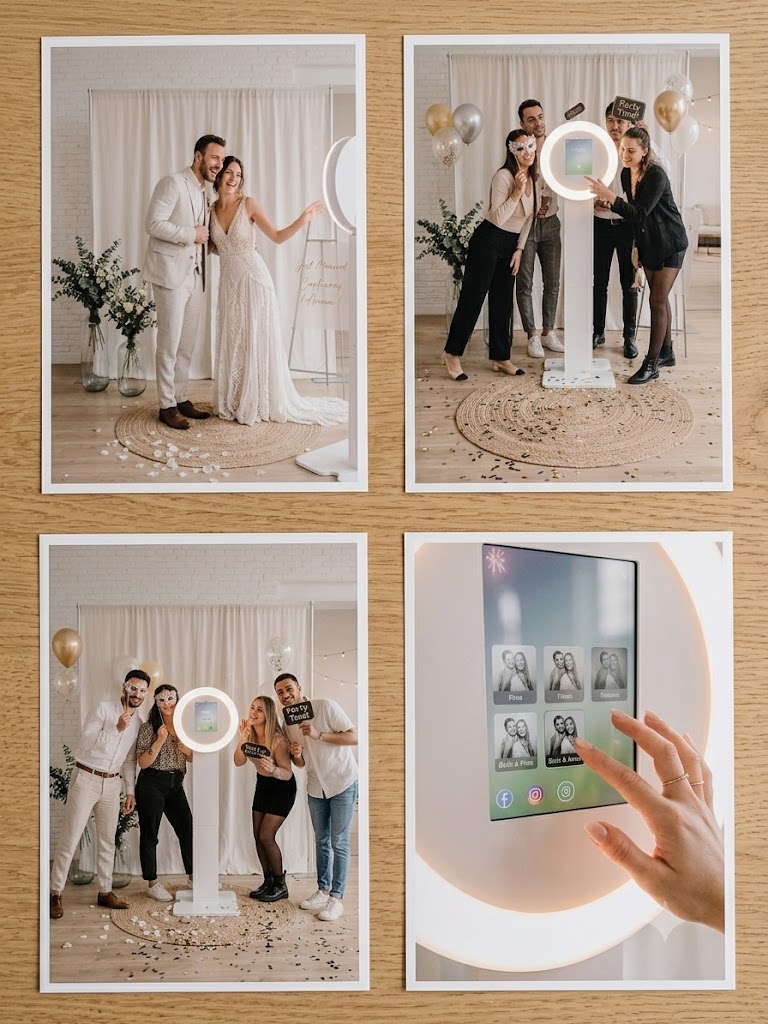 Borne photobooth blanche avec écran tactile et ring light : photos de mariés et d'invités en train de poser avec accessoires